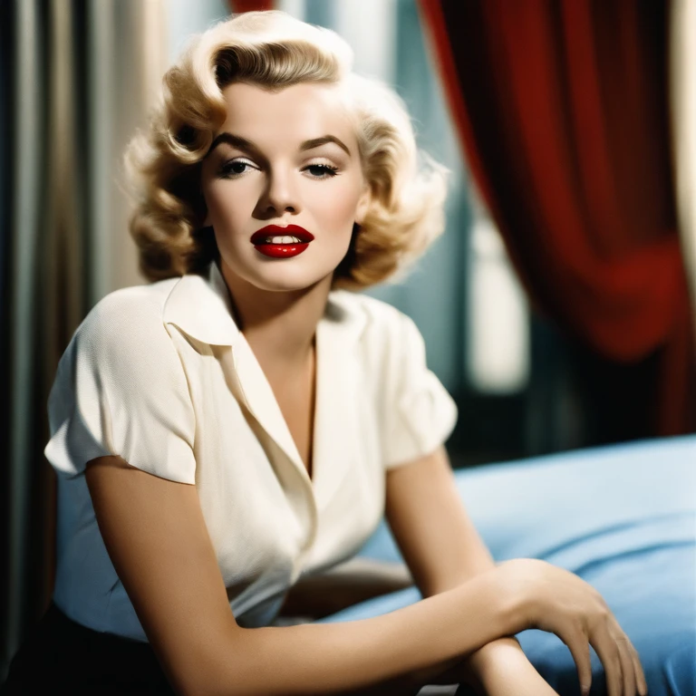 Marilyn Monroe is 26 years old, blonde shoulder length hair, fair skin, red lipstick.,original,Marilyn Monroe is 26 years old, blonde shoulder length hair, fair skin, red lipstick., female,face,photo