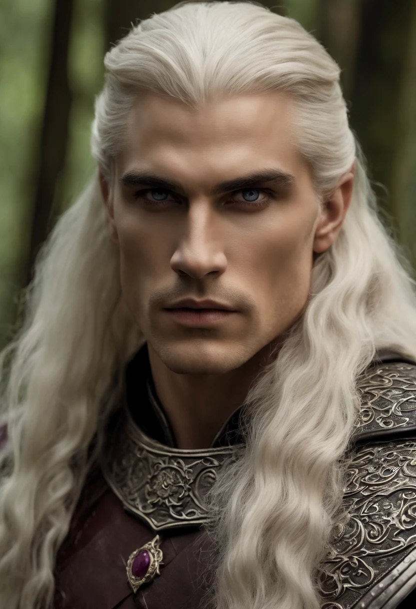 Aemond Targaryen standing in a lush forest, surrounded by ancient trees and a misty atmosphere,Fire and Blood,Physically, Aemond possess the classic Targaryen features, with long platinum silver hair and a piercing purple eye. His intense and penetrating gaze, hints at an intense fire within, and an otherworldly wisdom that belies his youthful appearance. His regal and ethereal bearing is accentuated by his tall stature and muscular but lithe physique. The sharp angles of his face, coupled with a strong jawline, give him a striking and commanding presence.
Prince Aemond Targaryen has very long platinum silver blonde hair, a strong and prominent jawline, straight nose, full lips with defined cupids bow, one violet eye (right), scar from left eyebrow to left cheekbone, missing left eye replaced by blue sapphire. He is tall, lithe, defined muscles, broad shoulders and chest, long torso, small waist, long legs, tight round arse, long thick uncircumcised cock.
Prince Aemond has large and veiny hands with long elegant fingers. He dresses in medieval regal attire, using expensive dark fabrics and has impeccable taste. He wears a leather eyepatch over his left eye., male