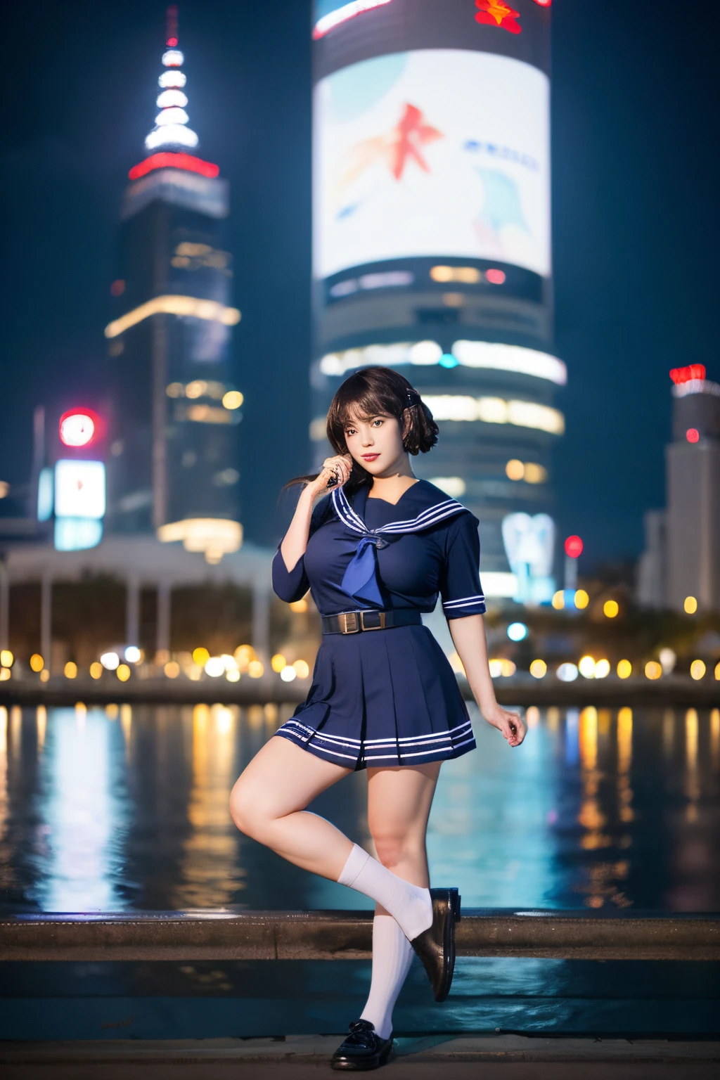 (Realistic、Brilliant action)、 (​masterpiece、high-level image quality、hightquality)、1girl in, Night, Cityscape, City lights, Upper body, close up of crotch, 8K Video, Best Quality, masutepiece, Realistic, photographrealistic, (Colossal tits:1.5), thick thighs, A Japanese Lady、, Short hair, Brunette hair, ((Full body))、Fantastic images with dreams、Stars in the night sky、Unleash Love、(((a sailor suit、female students、a science fiction film、Sailor School Uniform)))、Kind person、homeliness、