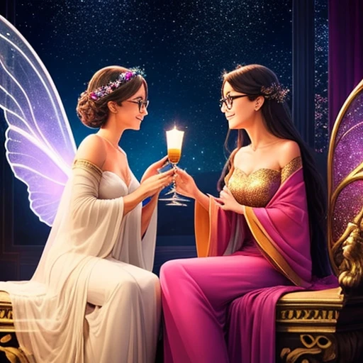 ((Full color)),Two women, draped in ethereal robes, meet in a celestial bar lit by twinkling stars.  As they talk, the glasses in their hands emanate a soft light.  The soft sound of harps and fairy laughter fills the air as they share magical stories from their heavenly realms.  Details such as glittering wings and a subtle halo add a celestial touch to the atmosphere, transporting everyone present to a place of enchantment and magic.