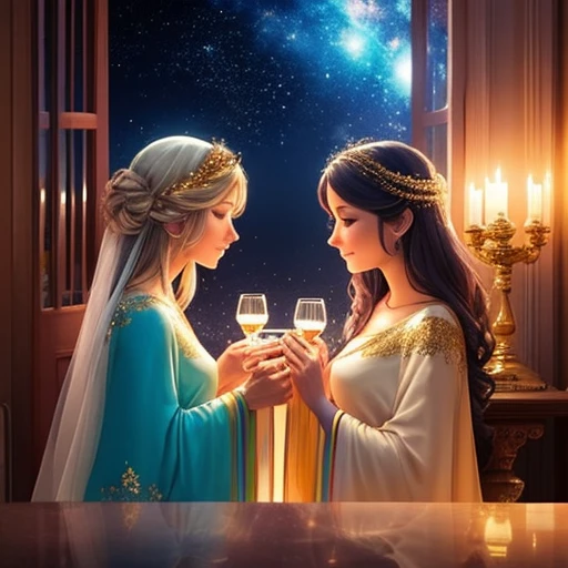 ((Full color)),Two women, draped in ethereal robes, meet in a celestial bar lit by twinkling stars.  As they talk, the glasses in their hands emanate a soft light.  The soft sound of harps and fairy laughter fills the air as they share magical stories from their heavenly realms.  Details such as glittering wings and a subtle halo add a celestial touch to the atmosphere, transporting everyone present to a place of enchantment and magic.
