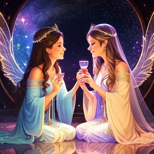 ((Full color)),Two women, draped in ethereal robes, meet in a celestial bar lit by twinkling stars.  As they talk, the glasses in their hands emanate a soft light.  The soft sound of harps and fairy laughter fills the air as they share magical stories from their heavenly realms.  Details such as glittering wings and a subtle halo add a celestial touch to the atmosphere, transporting everyone present to a place of enchantment and magic.