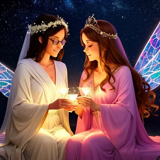 ((Full color)),Two women, draped in ethereal robes, meet in a celestial bar lit by twinkling stars. As they talk, the glasses in their hands emanate a soft light. The soft sound of harps and fairy laughter fills the air as they share magical stories from their heavenly realms. Details such as glittering wings and a subtle halo add a celestial touch to the atmosphere, transporting everyone present to a place of enchantment and magic.