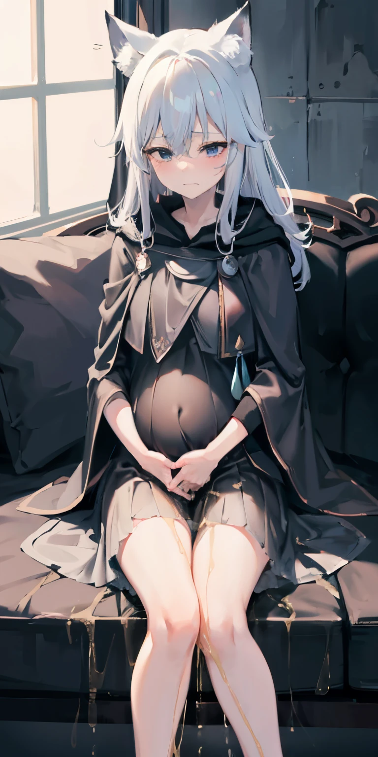 Fox ears, white-ash-hair, anime girl, black shirt, white skirt, (black cloak:1.2), pale face, sweating, heavy breath, blushing, pregnant, Pregnant-belly, pregnancy dress, (best quality:1.2), ultra-detailed,realistic ,portraits, vivid colors, soft lighting, interesting PoV, spread kneel, Lie down on sofa, (the girl is in pain: 1.3), stocking, straight hair, (labor pain:1.0), (the girl is leaked pee:1.2)