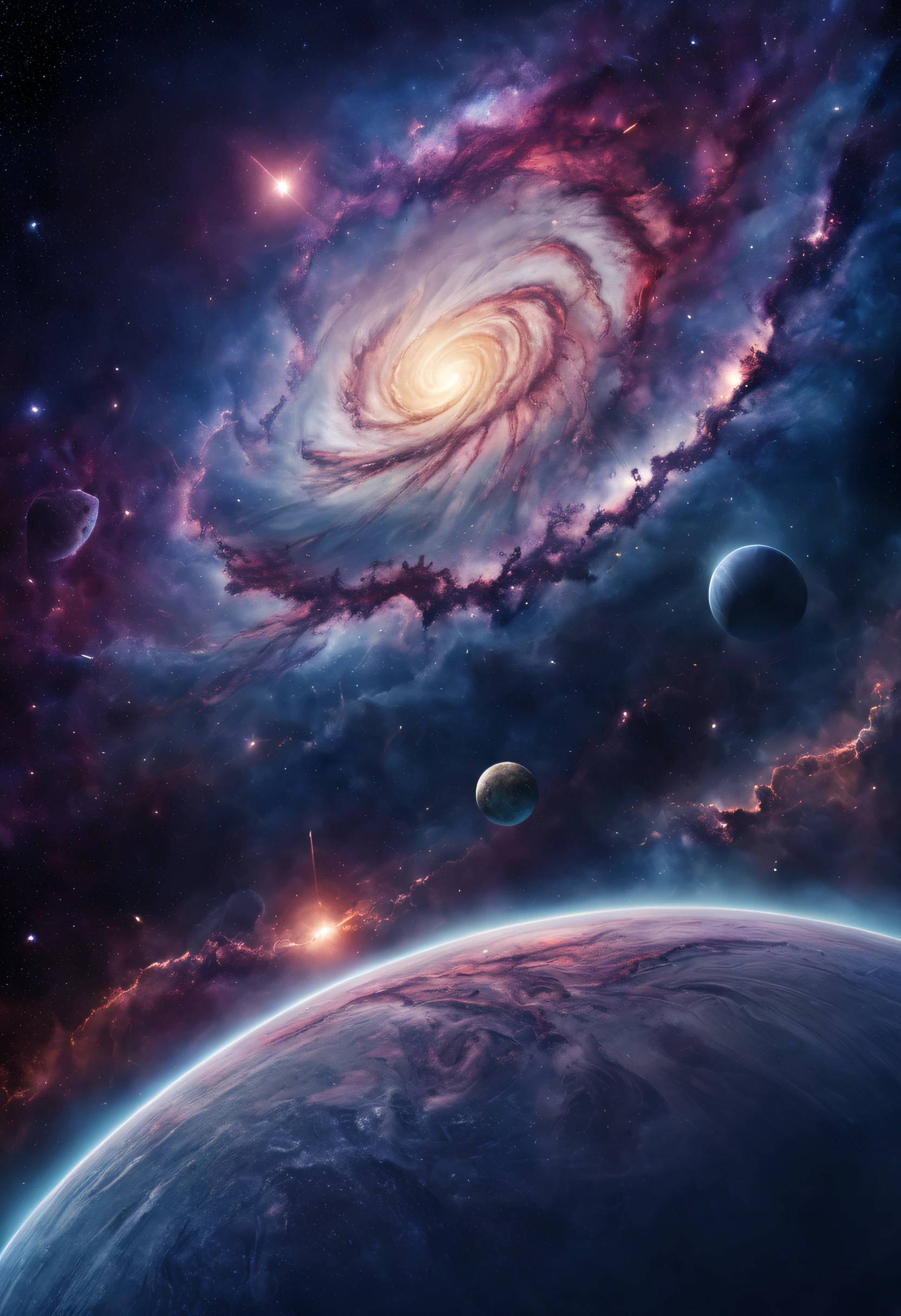 A beautiful, detailed, textured magnificent galaxy with dreaming clouds of stardust and a planet a little further away