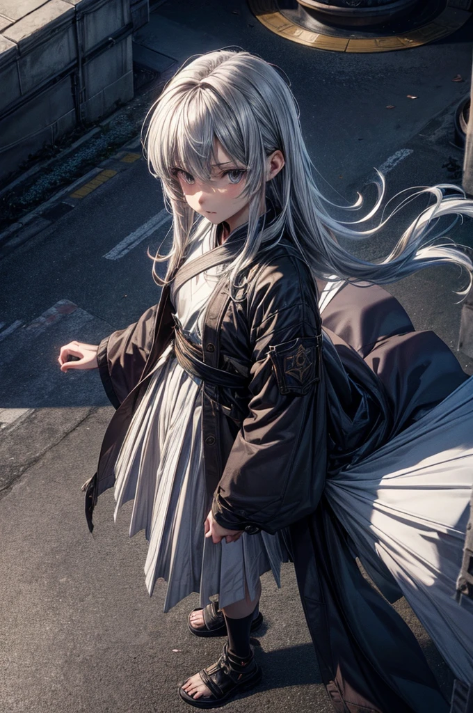 anime moe art style,Best Anime 8K Konachan Wallpapers,Badass Anime 8K,Perfect Anatomy, (Please draw a picture of a girl looking down on the city from the rooftop...........)From diagonally above,overhead angle,BREAK, 1 That girl is a female swordsman, (Solo,Lori,child,18year old:1.3), Androgynous attraction, (very long gray hair, Blunt bangs), Full limbs, complete fingers,flat chest, Small butt, groin, Beautiful dark eyes created by detailed 8K, jaket,Obi,flowing skirt, standing on the roof of a skyscrapper. BREAK, i have a mission.。Sasasasa...。Ultra-detailed,High resolution,super detailed skin, Professional Lighting, Illustration,Landscape of the near future