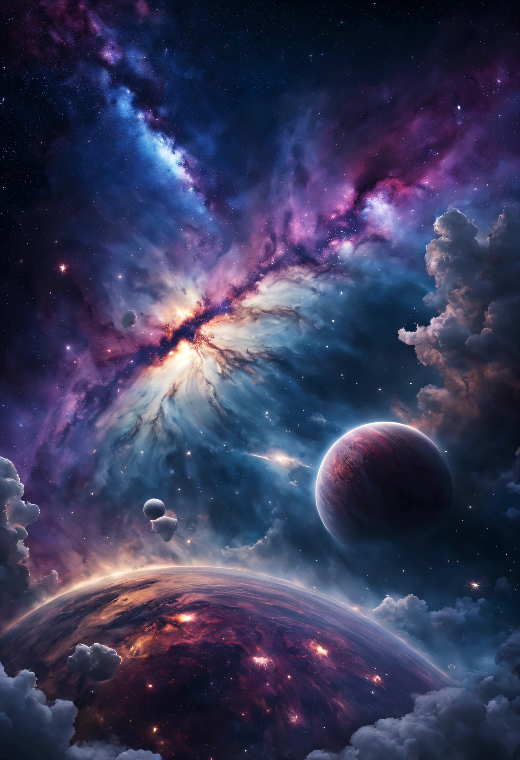 A beautiful, detailed, textured magnificent galaxy with dreaming clouds of stardust and a planet a little further away