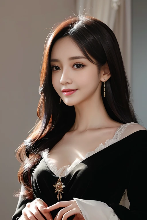 Best quality at best, realisticlying, ultra - detailed, finely detailled, A high resolution, 8k wallpaper, 1 beautiful woman,, Black flowing hair, Dressed in period costume, tack sharp focus, Perfect dynamic composition, 美丽细致的眼睛, Delicate hair, Detailed and realistic skin texture, Smiling, closeup portrait, Model body type，Slender neck，Fairy air fluttering