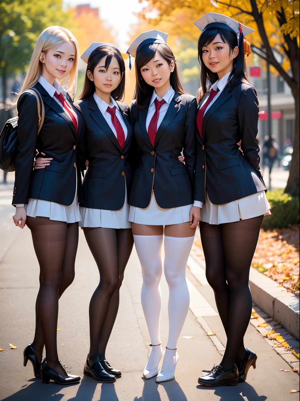 Show entire body, pantyhose feet, 3 Asian females, pantyhose, standing, smiling, college campus