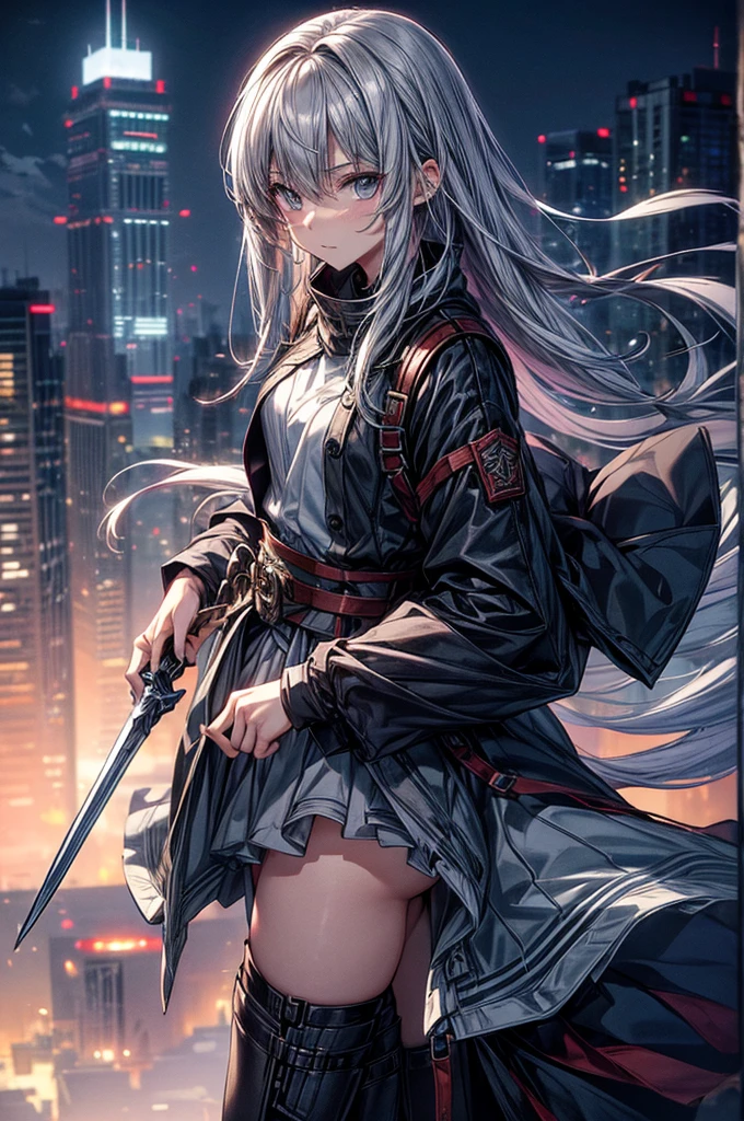 anime moe art style,Best Anime 8K Konachan Wallpapers,Badass Anime 8K,Perfect Anatomy, (Please draw a picture of a girl looking down on the city from the rooftop...........)From diagonally above,overhead angle,BREAK, 1 That girl is a female swordsman, (Solo,Lori,child,18year old:1.3), Androgynous attraction, (very long gray hair, Blunt bangs), Full limbs, complete fingers,flat chest, Small butt, groin, Beautiful dark eyes created by detailed 8K, jaket,Obi,flowing skirt, standing on the roof of a skyscrapper. BREAK, i have a mission.。Sasasasa...。Ultra-detailed,High resolution,super detailed skin, Professional Lighting, Illustration,Landscape of the near future