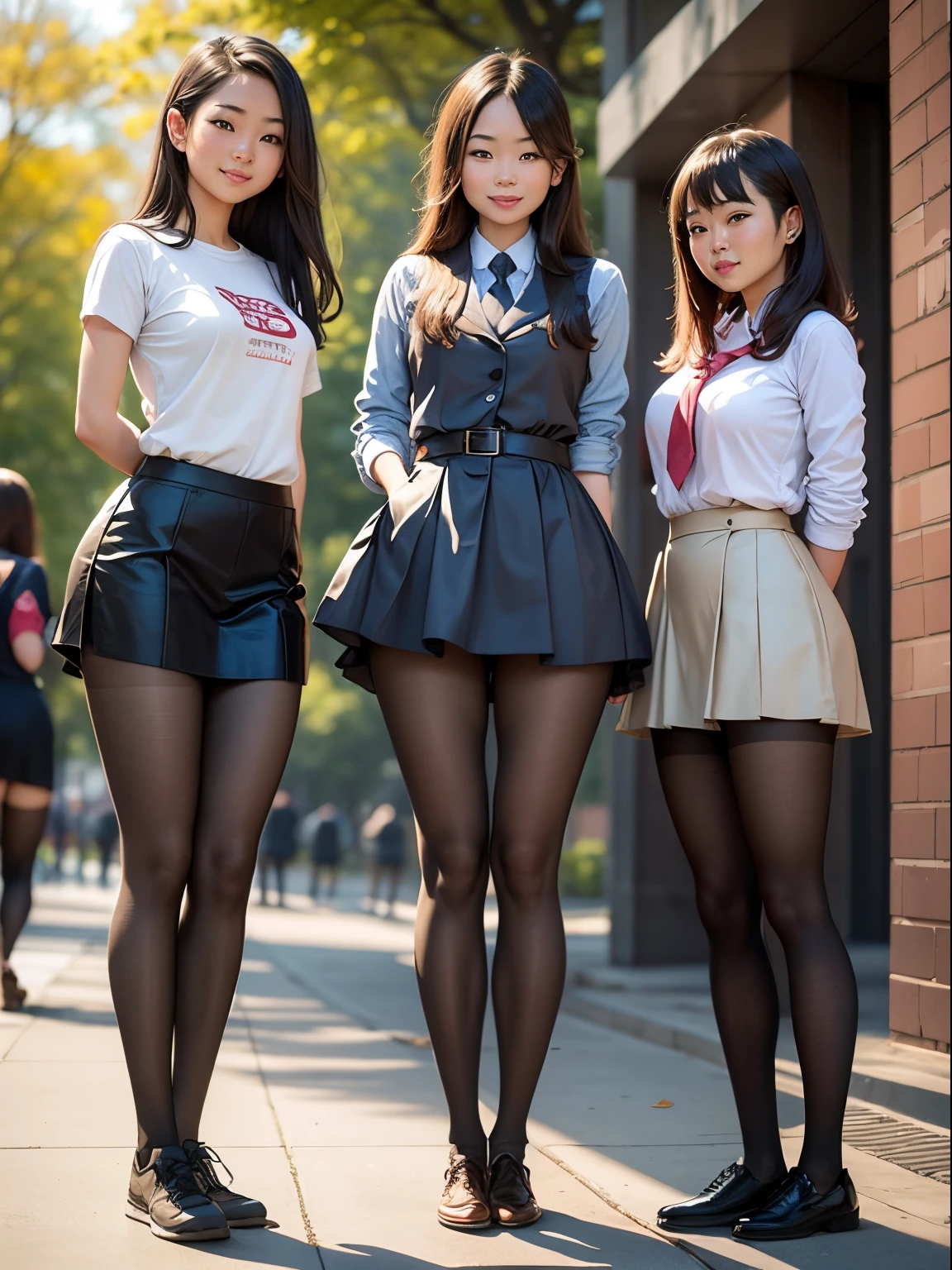 Show entire body, pantyhose feet, 3 Asian females, pantyhose, standing, smiling, college campus