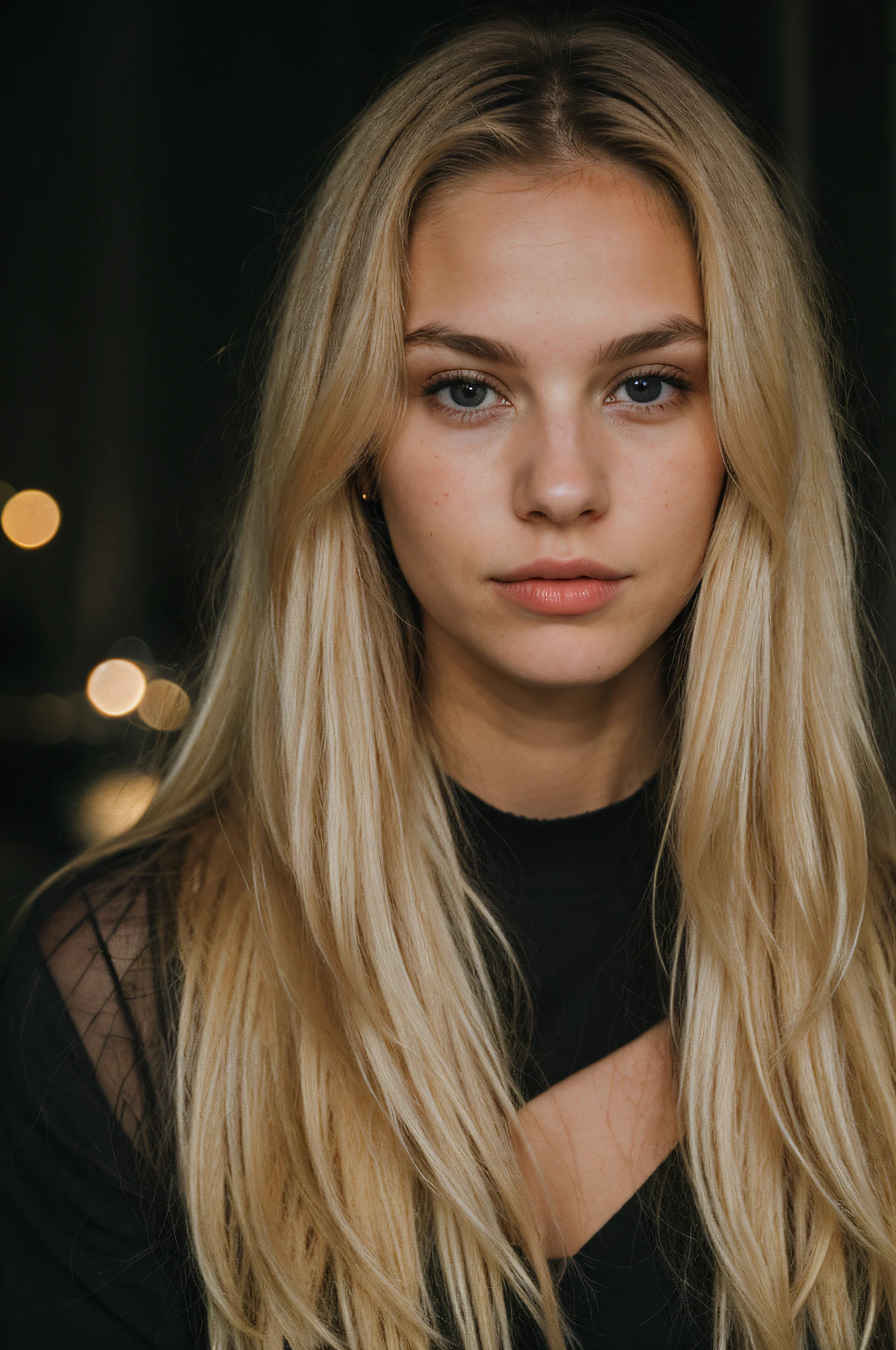 super cute blond woman in a dark theme