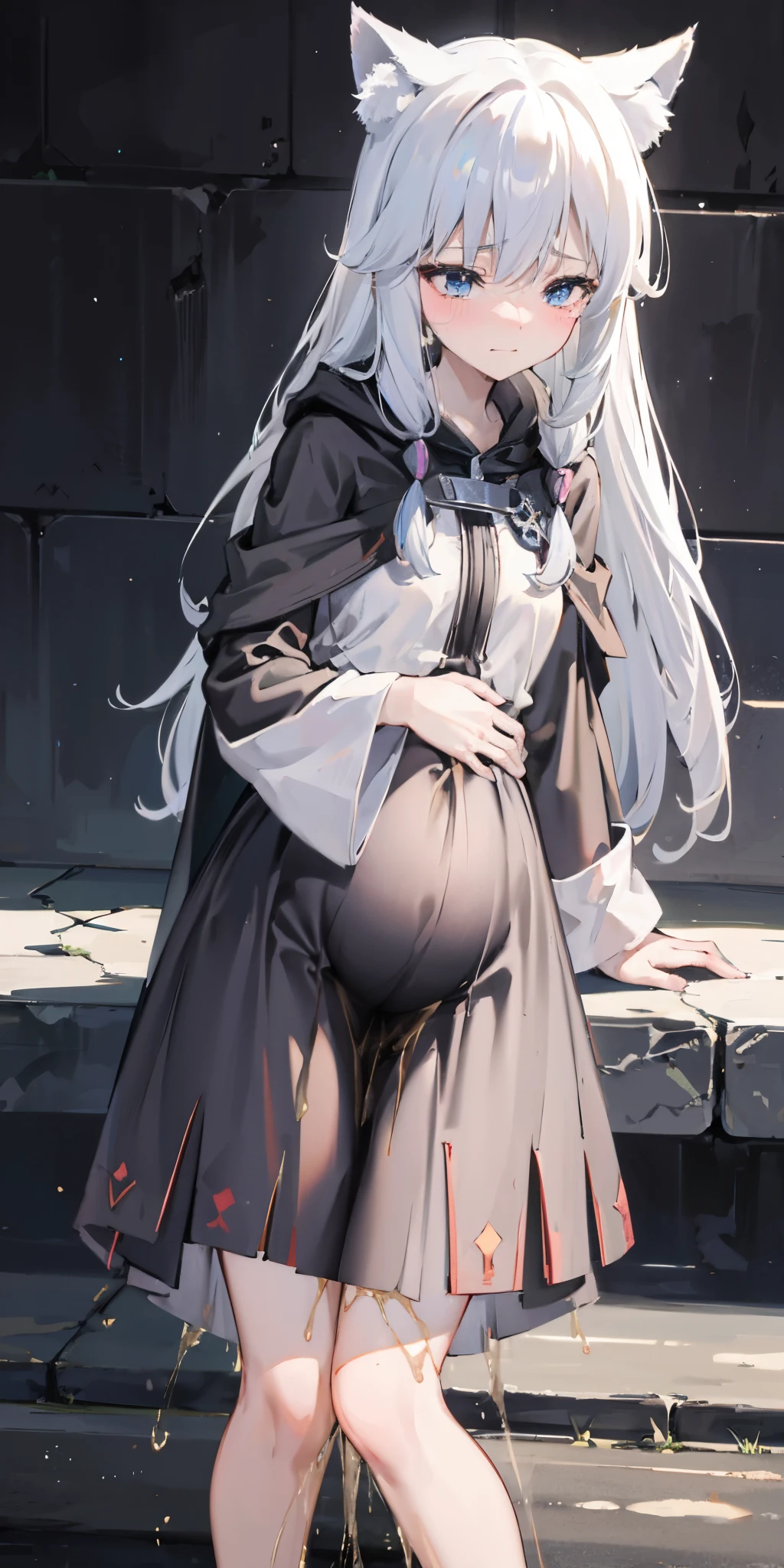 Fox ears, white-ash-hair, anime girl, black shirt, white skirt, (black cloak:1.2), pale face, sweating, heavy breath, blushing, pregnant, Pregnant-belly, pregnancy  dress, (best quality:1.2), ultra-detailed,realistic ,portraits, vivid colors, soft lighting, interesting PoV, spread kneel, Lie down  on road, (the girl is in pain: 1.3), stocking, straight hair, (labor pain:1.0), (the girl is leaked pee:1.2)
