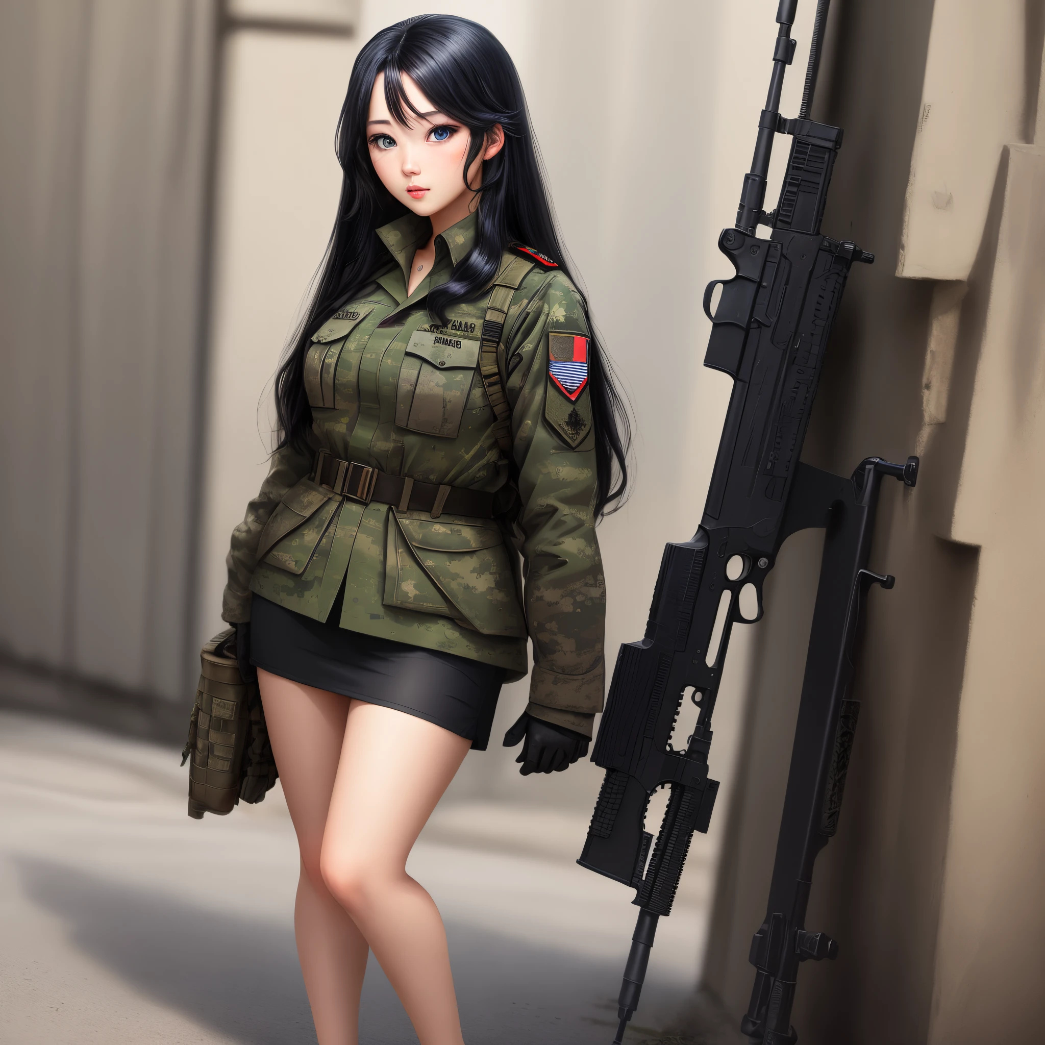 Girl, Full body, long black hair, blue eyes, military, rifle, scar on nose in lips