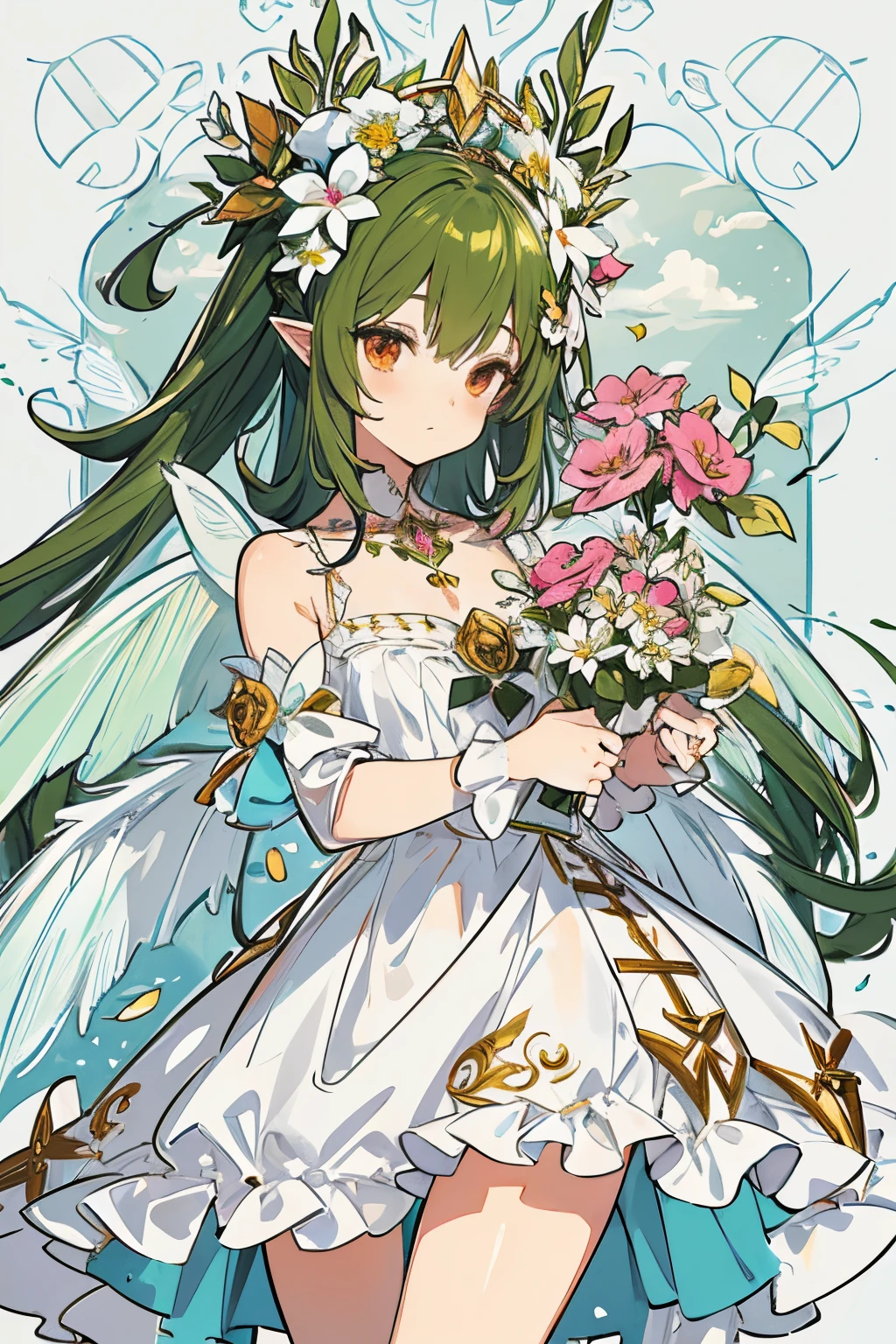((Masterpiece, best quality,edgQuality)), edgFae,flower fairy, a fairy with a flower in her hand ,drawn in edgFae style,wearing edgFae