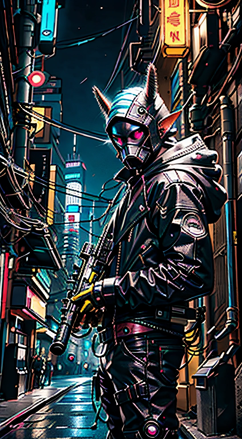 CyberpunkAI, Human with rat mask, neon, 1boy, elf, neon hair, neon eyes, black leather jacket,sniper rifle, hood up, sneaking, mask,goggles, baseball bat.