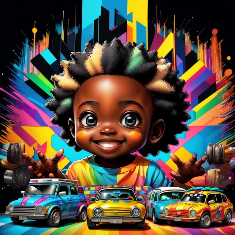 (cute black baby boy smiling with cars),(melhor pose),(best angle), (better expression), Eduardo Kobra acolchoamento ,multidimensional geometric wall PORTRAIT, arte, Chibi,
Yang08k, lindo, Colouring,
Primary works, qualidade superior, melhor qualidade, Arte Oficial, Beautiful and Aesthetic, pelos coloridos,