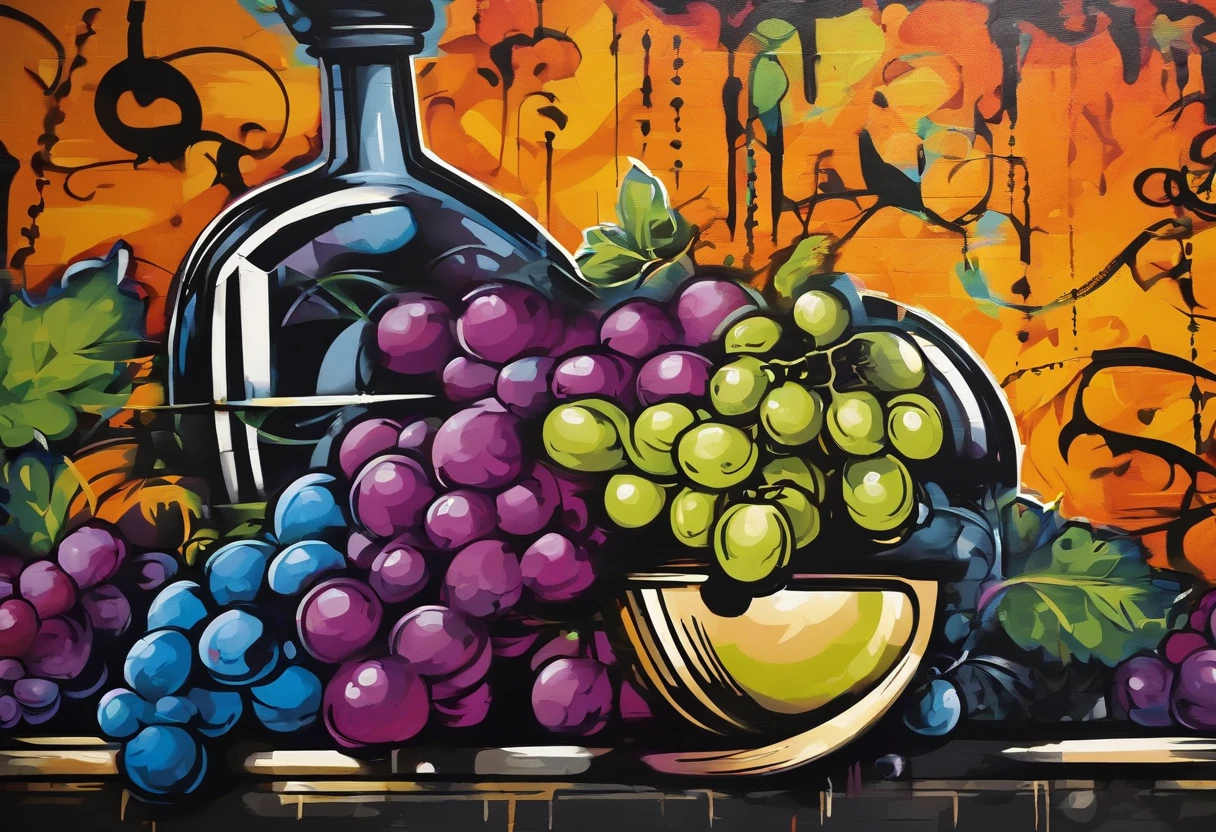 still life with grapes, oscuridad, rotulador negro, trazos negros muy marcados, textura canvas, fondo negro