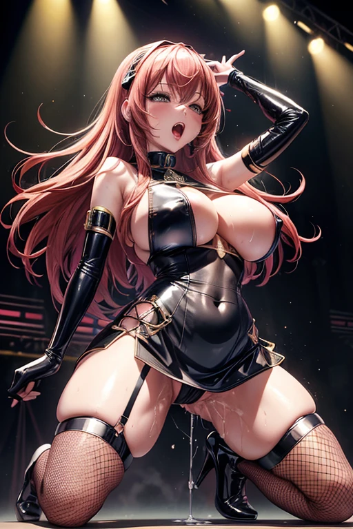 hi res, masterpiece, 8k, nsfw, (Megurine Luka | Virtual Singer), big breast, black latex open mesh top, red latex mini skirt, black fishnet stockings, white high heels, on a stage, night, pleasure face, moaning open mouth, tongue out, squatt on stage, her legs spread wide, (squirting love juice: 1.2), stage illumination
