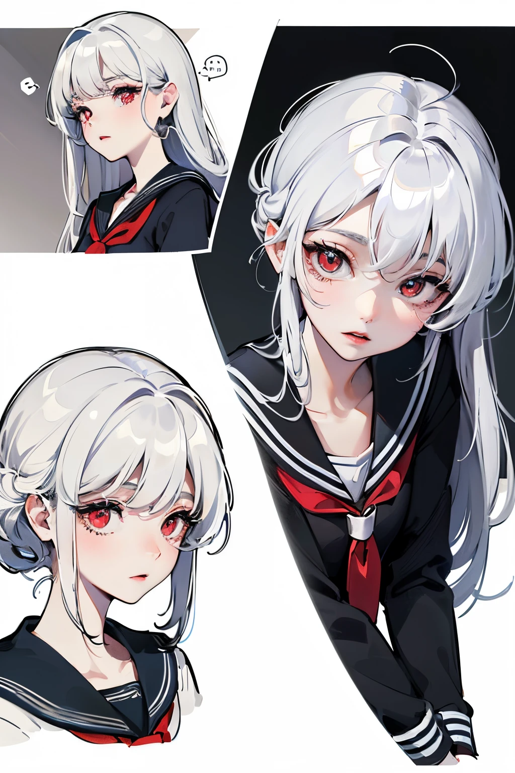 ((tmasterpiece)),(best qualtiy),The upper part of the body,(ultra intricately detailed),(Highest Definition),(8K),(Clean lines),(Perfect facial features),(offcial art),1little girl,matchless beauty,neat and clean clothes,Black sailor suit,With bangs,totally white,long white hair,Red Eyes,Sauce order,sleepy eyes