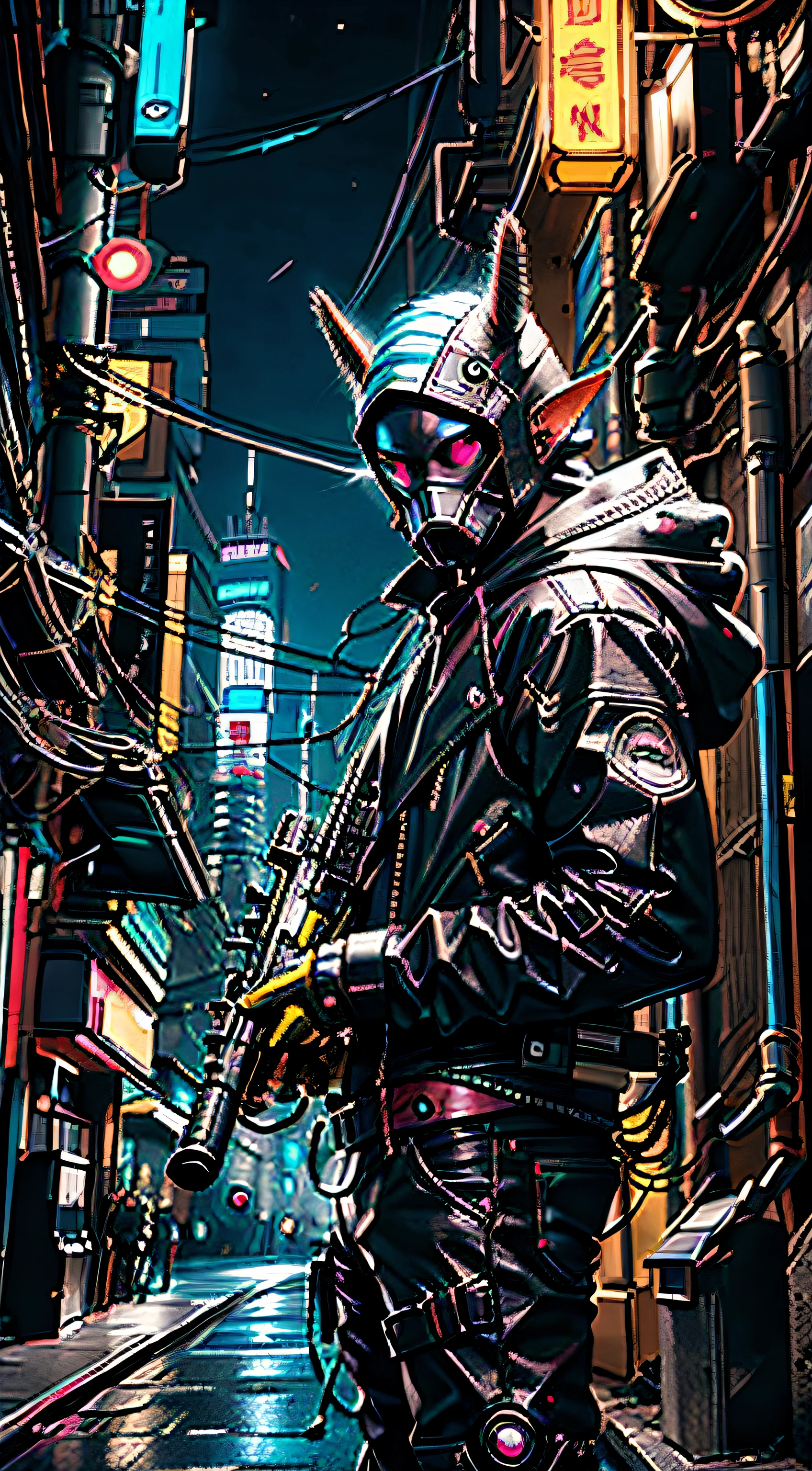 CyberpunkAI, Human with rat mask, neon, 1boy, elf, neon hair, neon eyes, black leather jacket,sniper rifle, hood up, sneaking, mask,goggles, baseball bat.