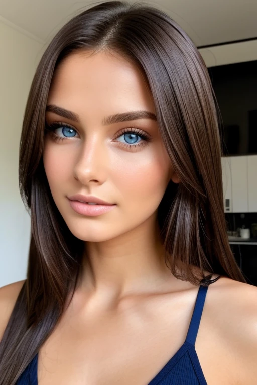 joli femme 25 ans influenceuse brune yeux bleu assez bonne joli visage d'une grande beauté et une peau claire regard profond