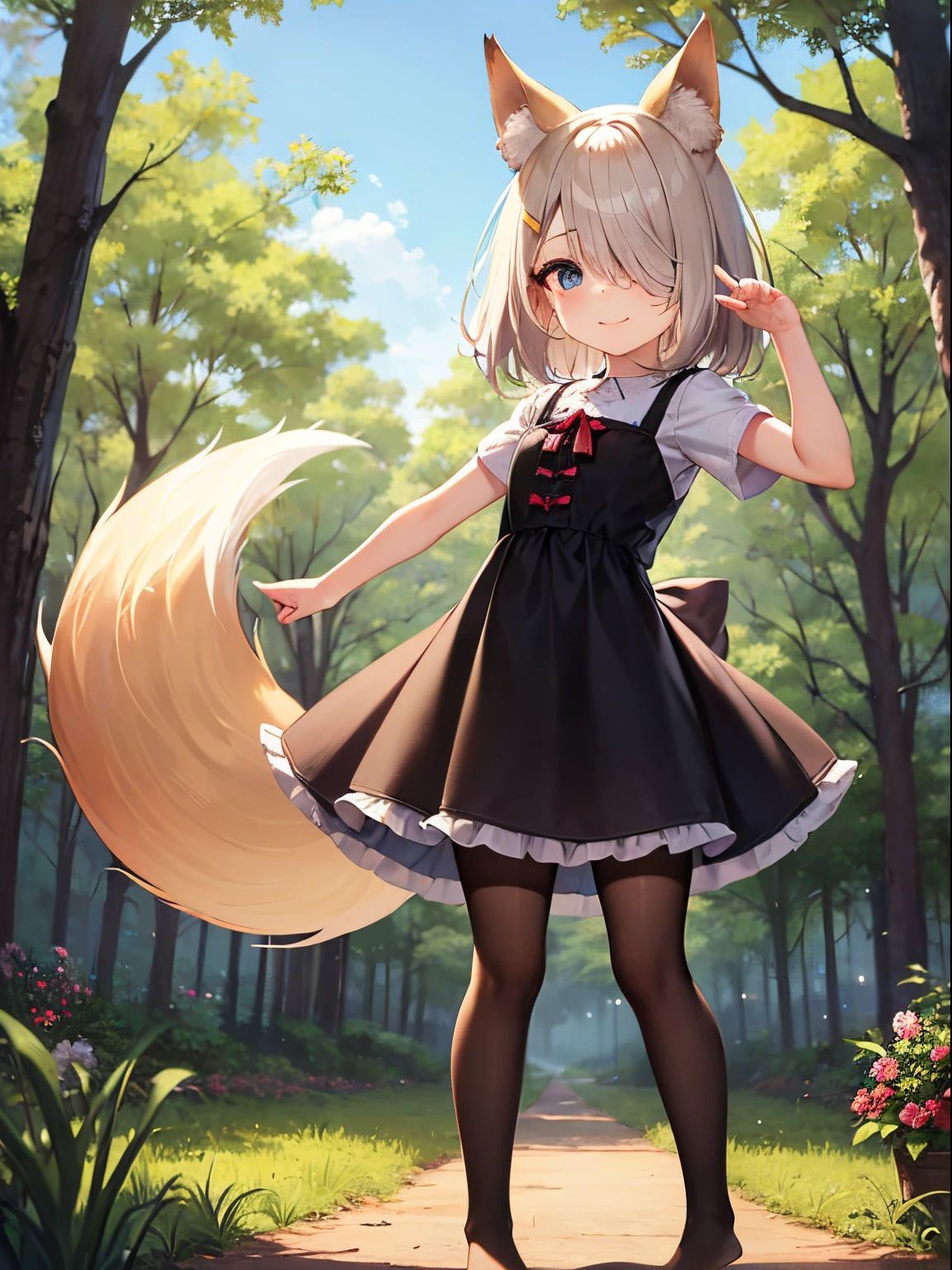 HDR, Excellent quality, 1. A girl, (standingn:1.4) sideways, leg bent at the knees, (pantyhouse:1.3), (no shoes):1.2, One arm raised up, petite curvy ,one eye covered, Fox ears, Foxtail, short tail, One Tail, with a beautiful face, ssmile, woods