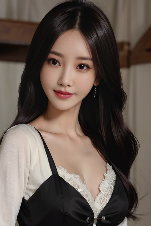 Best quality at best, realisticlying, ultra - detailed, finely detailled, A high resolution, 8k wallpaper, 1 beautiful woman, Black flowing hair, period costume, tack sharp focus, Perfect dynamic composition, 美丽细致的眼睛, Delicate hair, Detailed and realistic skin texture, Smiling, closeup portrait, Model body type,Slender neck,Fairy air fluttering