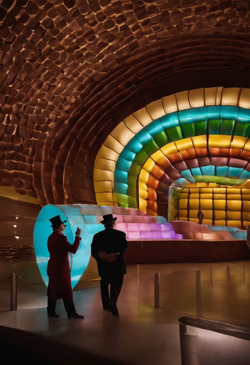 A mesmerizing video of a confectionery masterpiece, a life-sized chocolate sculpture of the Colosseum in Rome, intricately crafted with edible gemstone accents.,Charlie and the Chocolate Factory,Willy Wonka, the eccentric chocolate factory owner in Roald Dahl’s novel and its film adaptations, is known for his flamboyant and whimsical style. He typically sports a top hat, a brightly colored, tailored suit, and a bow tie, embodying his quirky and unconventional character. Wonka’s attire often includes a cane and whimsical accessories that add to his mysterious and playful persona. His bright eyes and enigmatic smile contribute to his charismatic yet unpredictable appearance., male