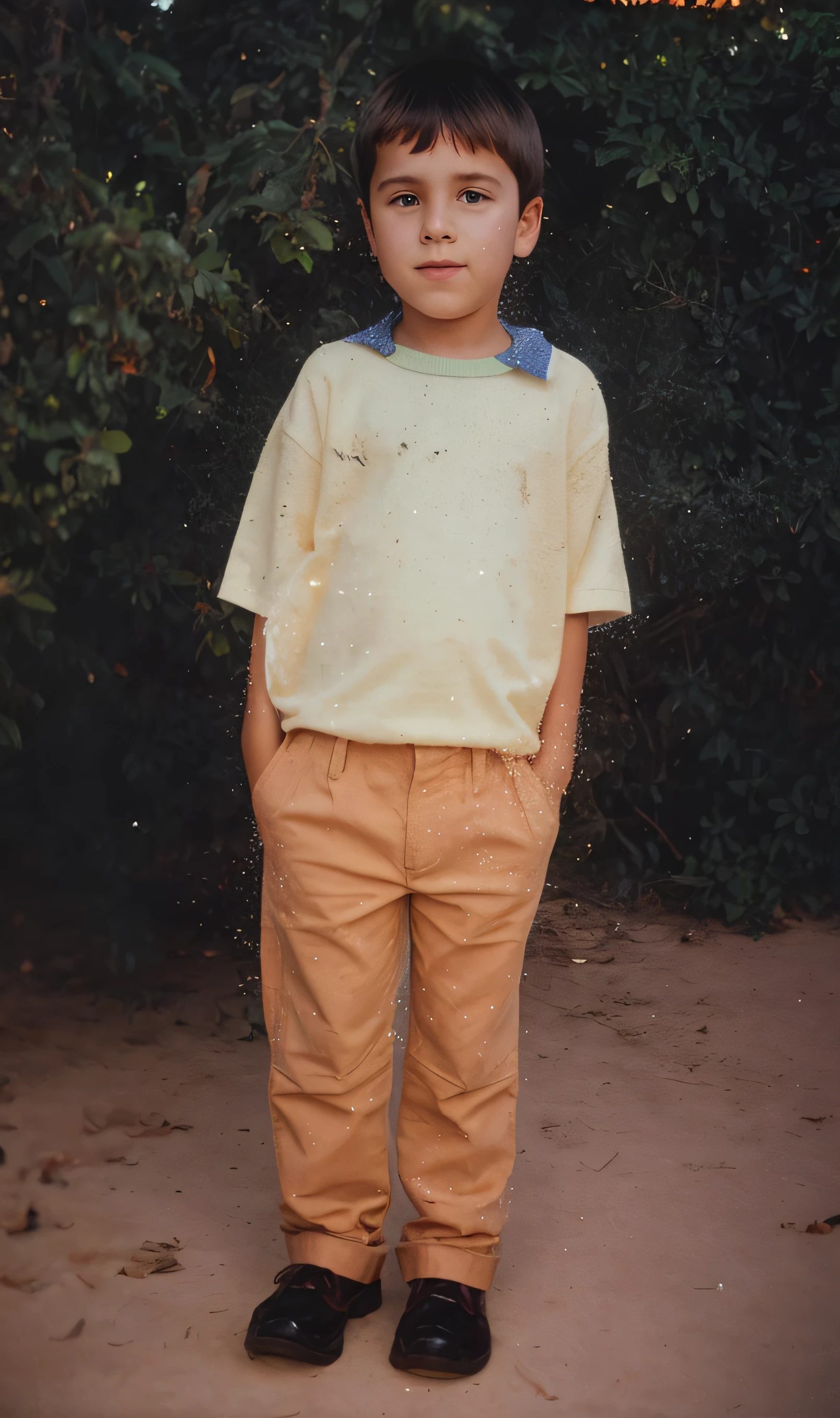 there is a boy standing in front of a bush, four , around 1 9 years oldgasa amarilla de trigo, taken in the early 1990s, Foto en color de los 90, vestido.1990's, amigo de la infancia, taken in the late 1980s, whole body photography, Damaged grainy photo