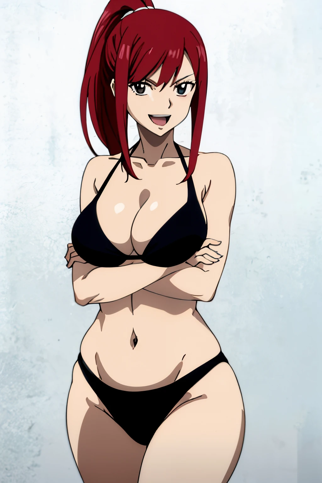 ((white color background)), cowboy shot, 4k, very high color saturation, crossed arms, bold drawing lines, ultra detailed body and face, perfect body proportions, highest quality, 1girl, solo, ((white color background)), thick arms , looking at viewer, smile, ERZASCARLET, BARE SHOULDERS, big breasts, off-shoulders, black bikini, tall girl, ponytail, detailed red hair, smile, open mouth, big eyes, groin, long belly, wide shoulders