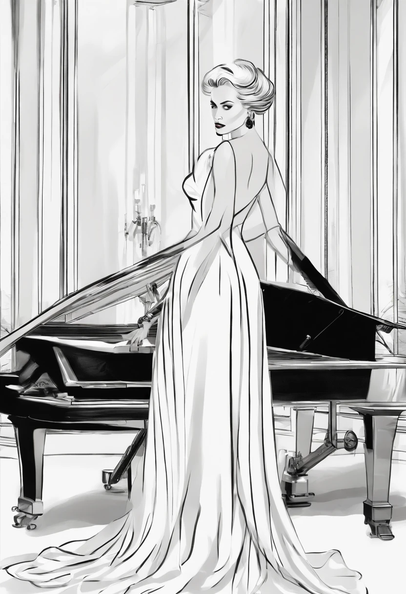 A black and white photo of Catherine elegantly playing a grand piano in a luxurious, dimly lit music room.,Basic Instinct,Catherine Tramell, the enigmatic character from “Basic Instinct,” is portrayed with a striking and seductive appearance, characterized by her icy blonde hair, sharp features, and a confident, almost predatory poise. Her wardrobe is sophisticated and alluring, often consisting of sleek, form-fitting dresses that enhance her manipulative charm and commanding presence. Personality-wise, Catherine is intelligent, articulate, , female