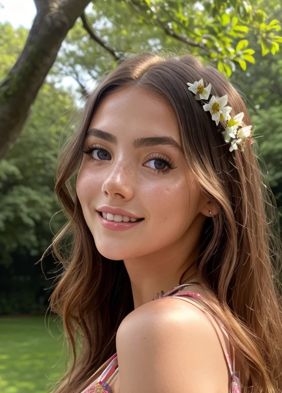 (best quality,4k,8k,highres,masterpiece:1.2),ultra-detailed,(realistic,photorealistic,photo-realistic:1.37), one girl, in a real-life setting. She is standing in front of a beautiful garden, with vibrant flowers and lush greenery. The girl has long flowing hair, a radiant smile, and captivating blue eyes. She is wearing a colorful summer dress that matches the surrounding scenery. The sunlight filters through the trees, creating a warm and golden glow. The overall color palette is vibrant, with a mix of bright and pastel tones. The composition of the scene is balanced, with the girl positioned slightly off-center. The details in the girl's face, including her eyes, nose, and lips, are beautifully rendered with intricate precision. The artwork has a painterly quality, resembling an oil painting with rich textures and brushstrokes. The image is high-resolution, allowing for fine details to be visible, such as the individual petals on the flowers and the texture of the girl's dress. The scene evokes a sense of tranquility and joy, capturing a perfect moment in time.