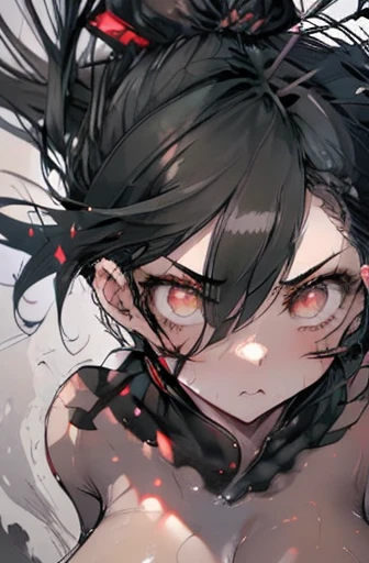 a young woman with a slender and athletic build, sporting long black hair usually tied up in a ponytail. Her face boasts decisive features, with piercing anime eyes of vivid color like red, and luminous skin. She wears , allowing agile movements during combat. Her posture reflects readiness for action and mastery in the art of assassination. she has a arrogant gaze, like shes looking at you from above and thinking shes better 4K