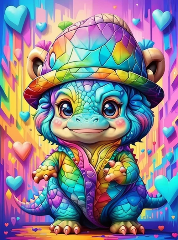 (cute baby dinossaur with hat with lots hearts),(melhor pose),(best angle), (better expression), Eduardo Kobra acolchoamento ,multidimensional geometric wall PORTRAIT, arte, Chibi,
Yang08k, lindo, Colouring,
Primary works, qualidade superior, melhor qualidade, Arte Oficial, Beautiful and Aesthetic, pelos coloridos,