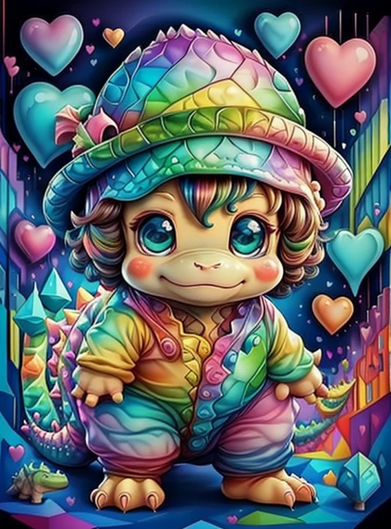 (cute baby dinossaur with hat with lots hearts),(melhor pose),(best angle), (better expression), Eduardo Kobra acolchoamento ,multidimensional geometric wall PORTRAIT, arte, Chibi,
Yang08k, lindo, Colouring,
Primary works, qualidade superior, melhor qualidade, Arte Oficial, Beautiful and Aesthetic, pelos coloridos,