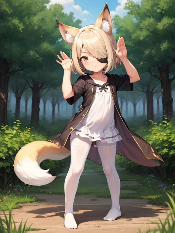 HDR, Excellent quality, 1. A  girl, (standingn:1.4) sideways, leg bent at the knees, (pantyhouse:1.3), (no shoes):1.2, One arm raised up, petite curvy ****,one eye covered,  Fox ears, Foxtail, short tail, One Tail, with a beautiful face, ssmile, woods