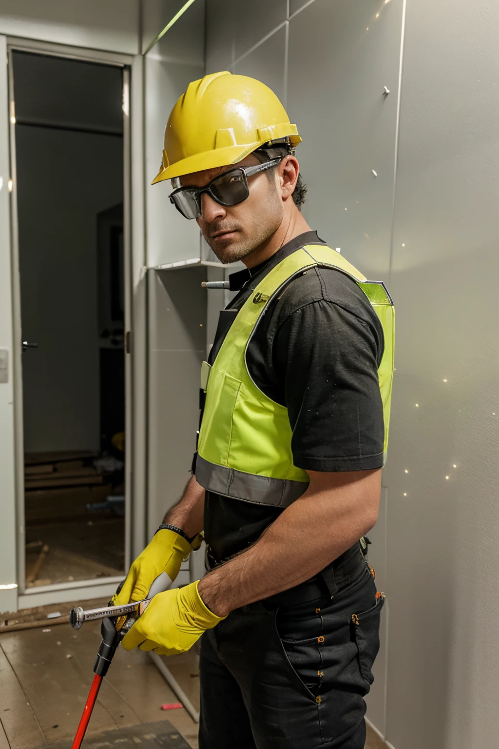 1 man in drawing wearing protective goggles and helmet, construction project, bottom of metal construction with half already with plasterboard installed, floor organized with small pile of plasterboard, roupa de trabalho, cane green protective vest and 2 european style luminous strips , screwdriver in hands