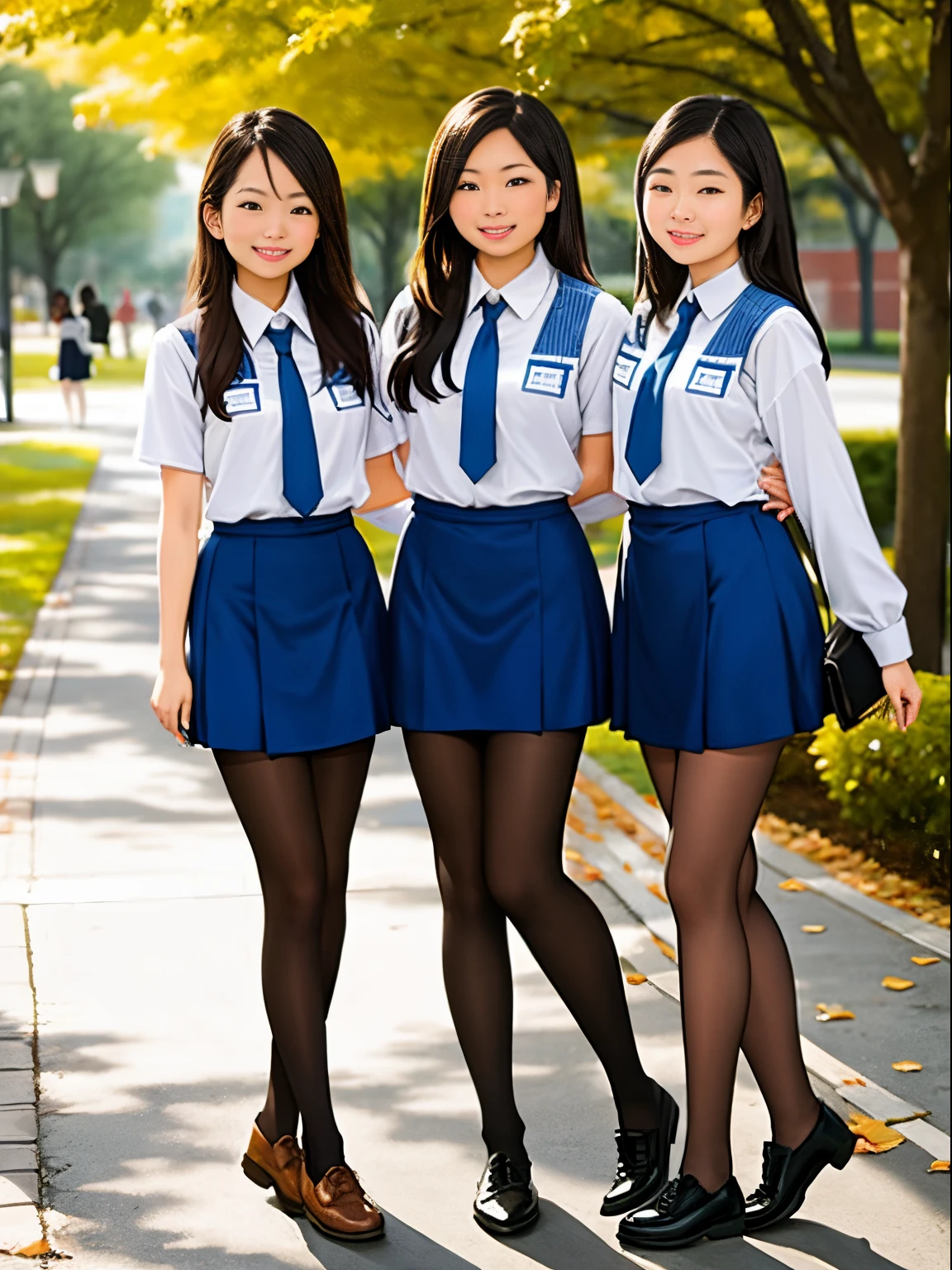 Show entire body, pantyhose feet, 3 Asian females, pantyhose, standing, smiling, college campus
