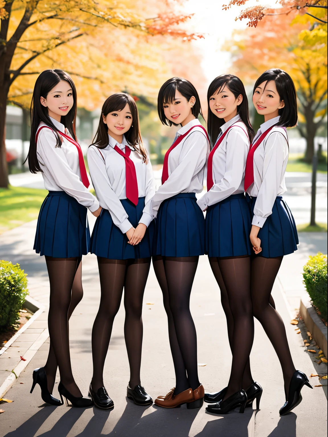 (best quality, masterpiece), (muscular:0.7), Japanese model, athletic, long hair, smile, happy, wavy hair, standing , looking at viewer, ((short silk skater skirt)), makeup, pantyhose, thigh high boots, navy puffer coat, down coat, red silk bra, large breasts, 2 girls (((hugging)))