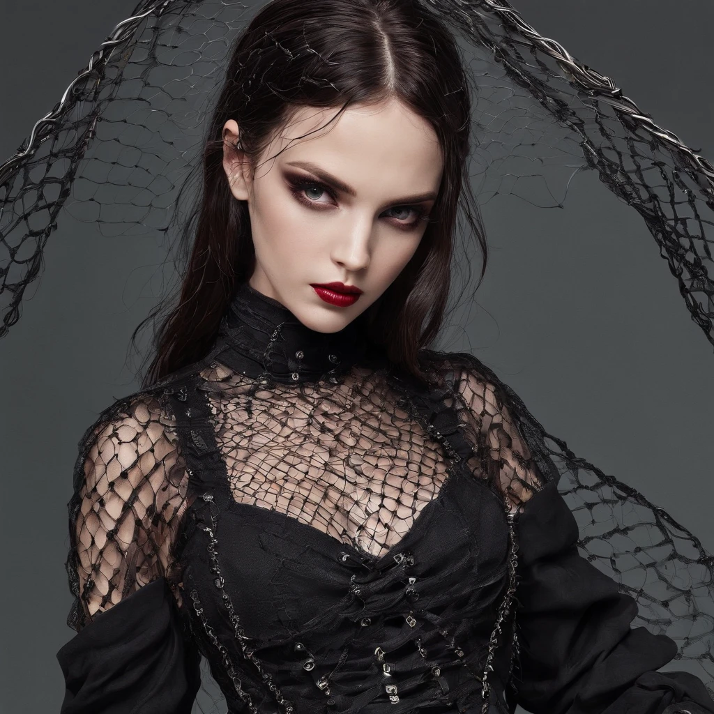 Girl in symbolic gothic net clothes, 。...com (Body barbed wire) Cabello de color moreno，Canas