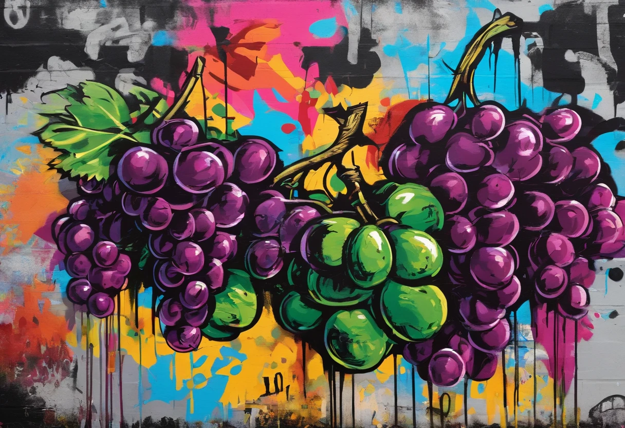 still life with grapes, oscuridad, rotulador negro, trazos negros muy marcados, heavy oil, fondo negro, stone texture, in the style of Basquiat