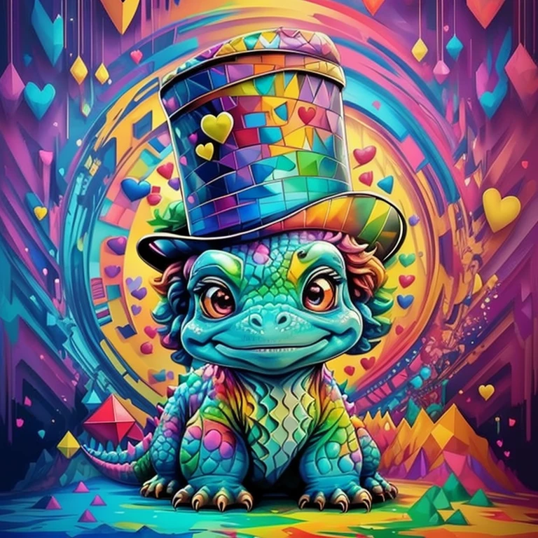 (cute baby dinossaur with top hat with lots red hearts),(melhor pose),(best angle), (better expression), Eduardo Kobra acolchoamento ,multidimensional geometric wall PORTRAIT, arte, Chibi,
Yang08k, lindo, Colouring,
Primary works, qualidade superior, melhor qualidade, Arte Oficial, Beautiful and Aesthetic, pelos coloridos,