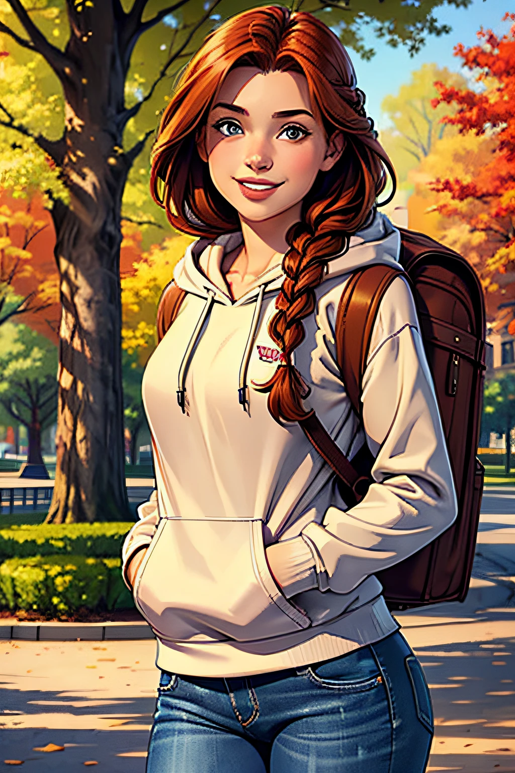 , girl, long auburn hair, flowing auburn hair, auburn hair in a loose braid, hoody, jeans and backpack, smiling sweetly, having fun, playful, masterpiece, high quality, standing in a park in town.