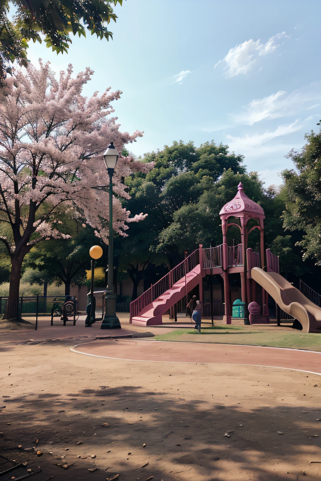 parque recreativo lleno de juegos infantiles y color rosa