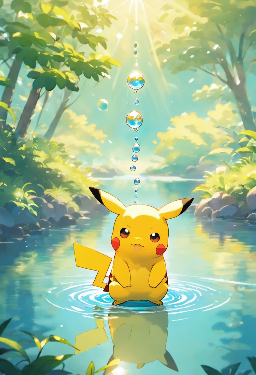 A poignant ultra-high-definition 3D scene showing Pikachu making a wish next to a tranquil lake. Pikachu, bellamente renderizado en detalle, se ve soplando suavemente burbujas en el aire, cada uno con un deseo esperanzador. Las burbujas atrapan el reflejo del sol poniente, Creating a Dream, Magic effect. El ambiente general es tierno, lleno de esperanza y serenidad