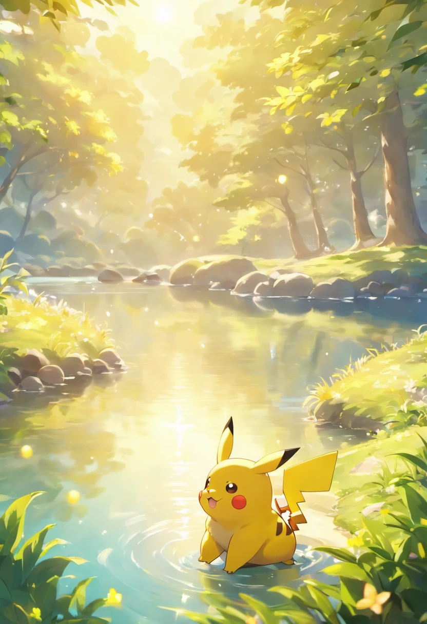 A poignant ultra-high-definition 3D scene showing Pikachu making a wish next to a tranquil lake. Pikachu, bellamente renderizado en detalle, se ve soplando suavemente burbujas en el aire, cada uno con un deseo esperanzador. Las burbujas atrapan el reflejo del sol poniente, Creating a Dream, Magic effect. El ambiente general es tierno, lleno de esperanza y serenidad