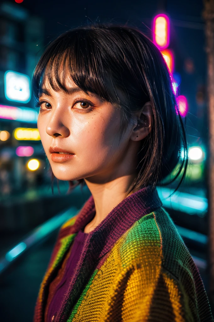 Fashion Portrait Color Photo, Woman, Neon light、parka、Ultra-detailed,High resolution,super detailed skin, Professional Lighting,Landscape of the near future