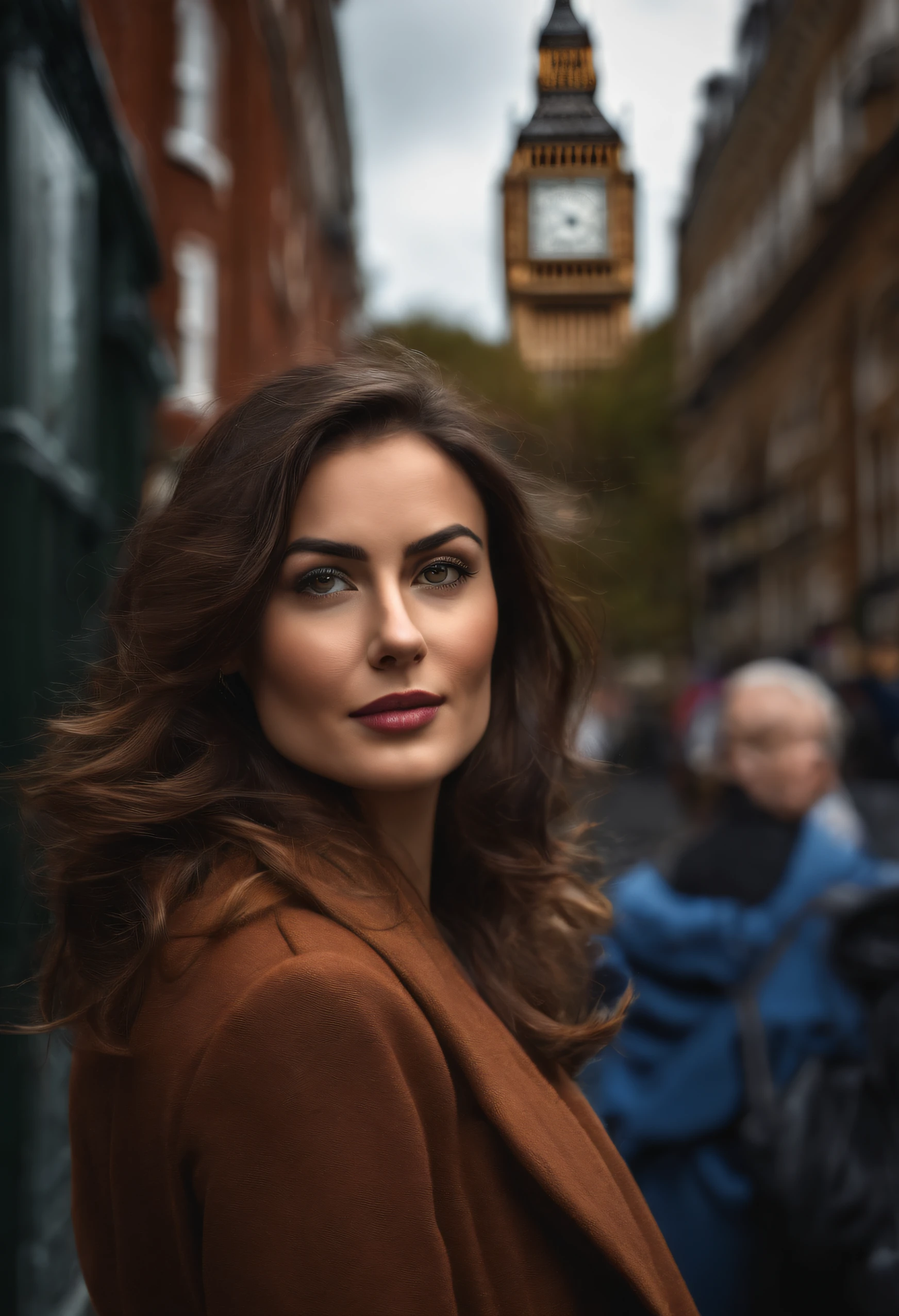 brunette woman, tourist in london, realistic