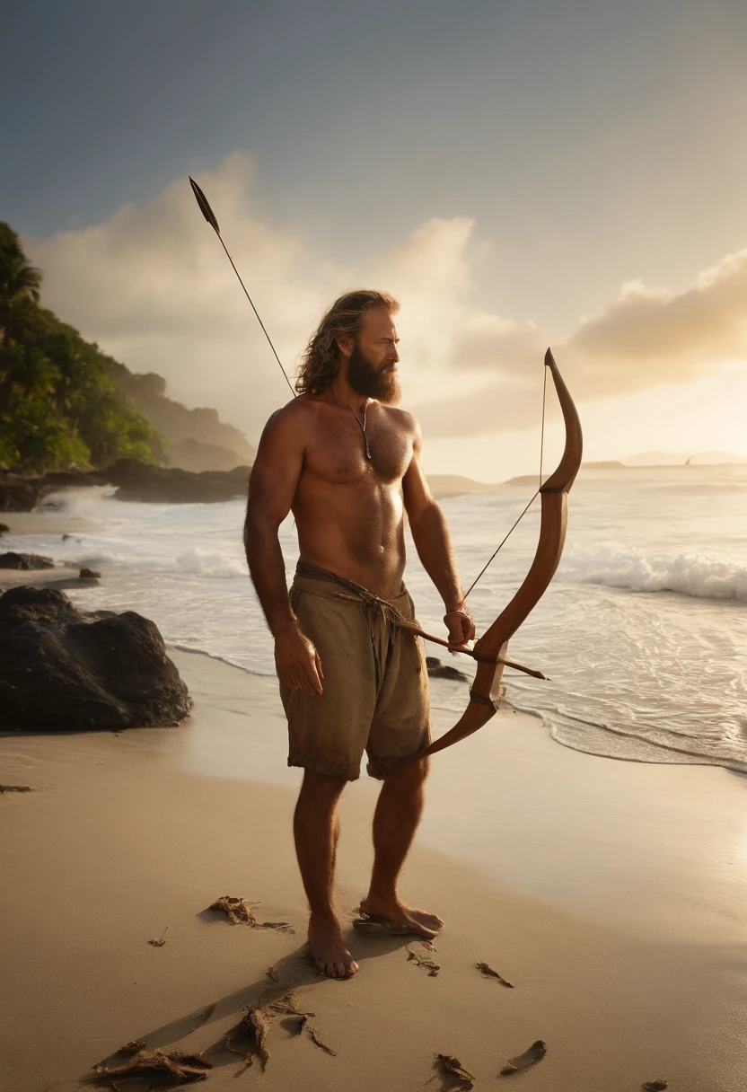 A photo of Chuck carefully fashioning a bow and arrow from a sturdy piece of wood and vine.,Cast Away (film),Chuck Noland, portrayed by Tom Hanks in the film “Cast Away,” is currently stranded on a deserted island in the Pacific Ocean.  Sunburnt and bearded, with long, unkempt hair, his physical condition reflects the harsh realities of island survival. He has a rugged, weathered look, with tattered clothes and a leaner physique due to the scarcity of food., male
